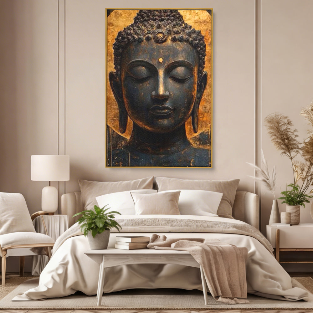 Tablou canvas cu tablou canvas cu capul lui buddha, in rama de aluminiu auriu, pe perete intr-un dormitor